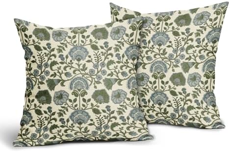 Blue Sage Green Floral Block Print Pillow Covers 22x22 Set of 2