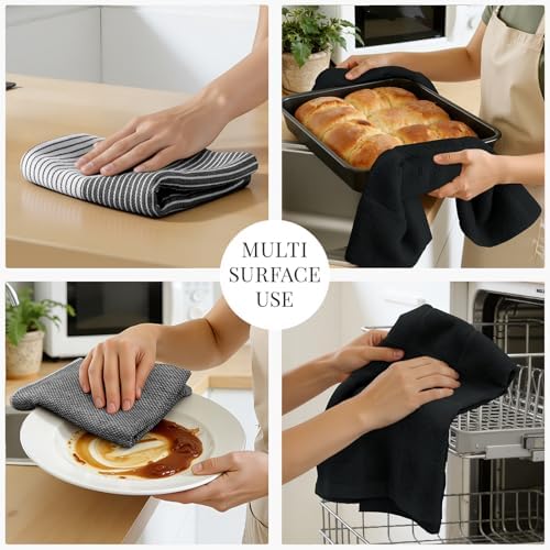 Homaxy 6 Pack Cotton Terry Premium Kitchen Towels, 18 x 28 in, Black
