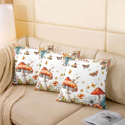 Red Mushroom Pack of 2 Pillow Covers,Jungle Botanical Plants Flowers