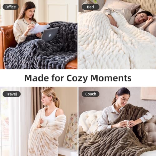 Double Sided Ruched Faux Rabbit Fur Throw Blanket,60x80 CaramelCream