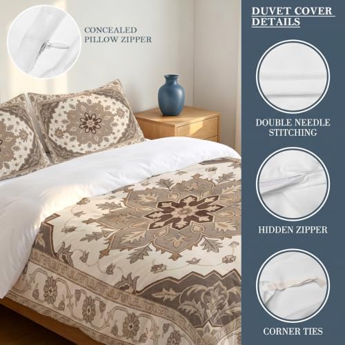 Beige Retro Boho Duvet Cover Set 3 Pieces with Zipper Closure, Vintage