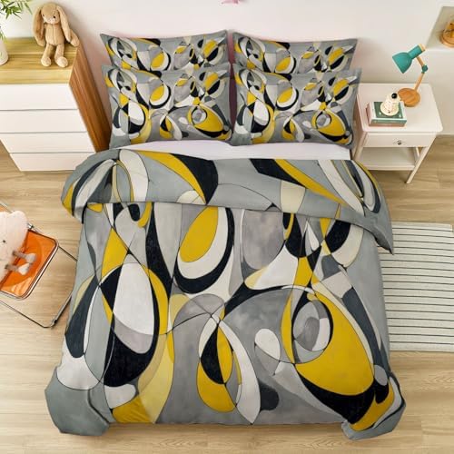 Soft Breathable Duvet Cover Set Grey, Abstract Geometry Curves Print
