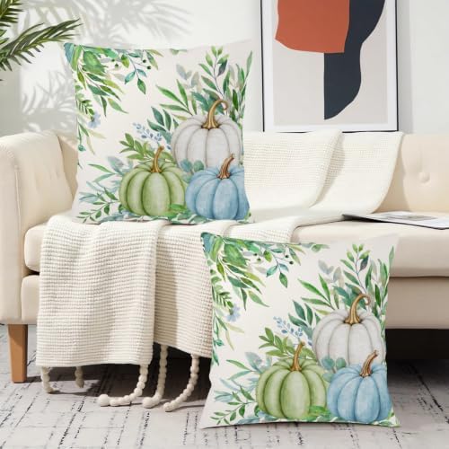 Fall Decorative Pillow Covers 22x22 Set of 2 Autumn Sage Green Blue