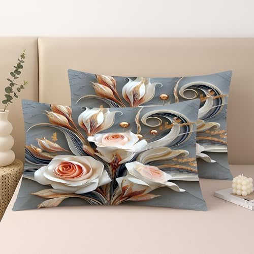 Elegant Floral Throw Pillow Covers Set of 2, Cream and Rose Gold