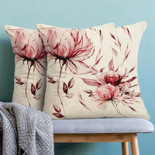 Spring Summer Pillow Covers 18x18 Set of 2 Vintage Burgundy Red Floral