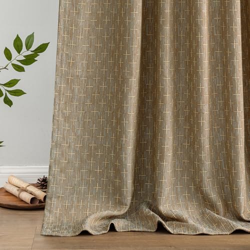 MIULEE Patterned Farmhouse Linen Curtains, Back Tab, 52Wx72L, Khaki