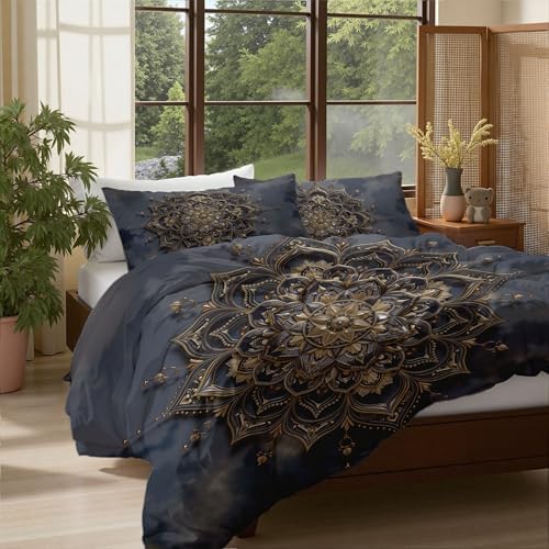 Luxurious Mandala Relief Duvet Cover King 3Pcs, Breathable Microfiber