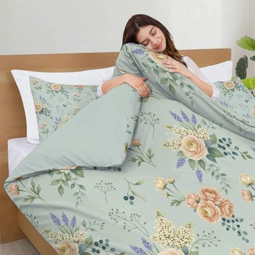 Oriental Style Natural Flowers Duvet Cover Queen Size, Vintage Plants