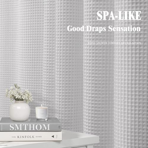 Waffle Weave Shower Curtain Heavyweight Cotton Fabric Light Grey