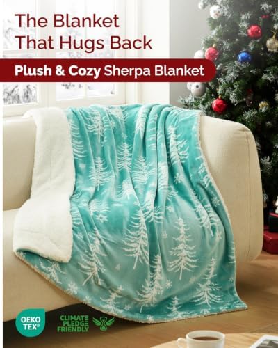 CGK Christmas Sherpa Blanket Twin Size, Reversible - Snowy Trees