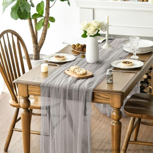 Artoid Mode Grey Gauze Table Runner 120 Inch 10FT, Seasonal Sheer