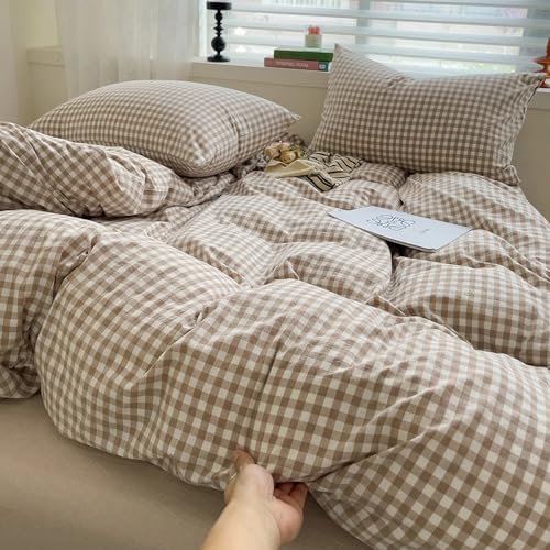 DONEUS Tan Gingham Duvet Cover Set Queen Size Bedding Set 100% Washed