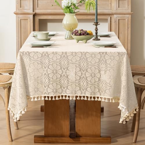 Boho Crochet Cotton Lace Tablecloth Rectangle 52 x 70 Inch Beige