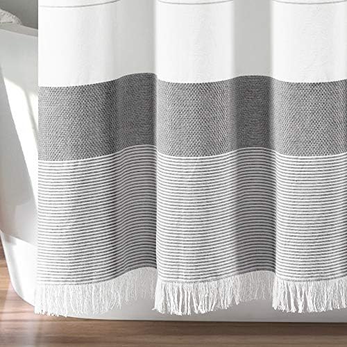 Lush Decor White Woven Cotton Shower Curtain with Gray Stripe and