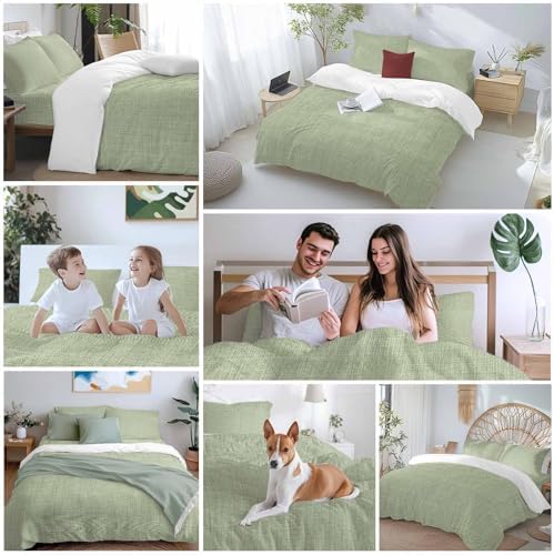 Sage Green Burlap Texture Duvet Cover Set, Farmhouse Vintage Sage