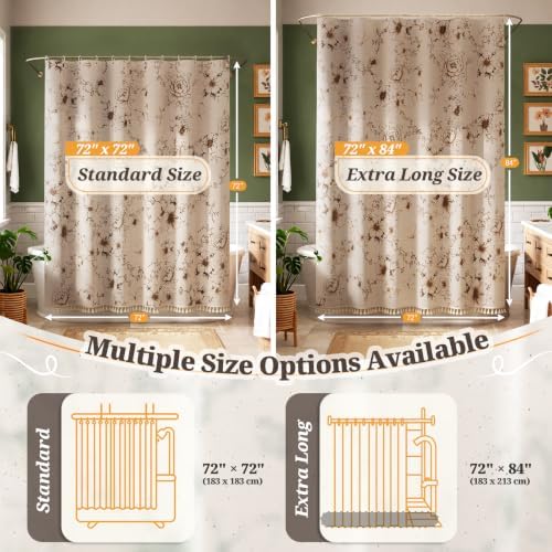 Vintage Floral Shower Curtain with 12 Clear Rings - 72" W x 84" L