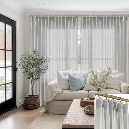 SHINELAND Grey Pinch Pleated Sheer Curtains 108 Inch Long, Light Gray