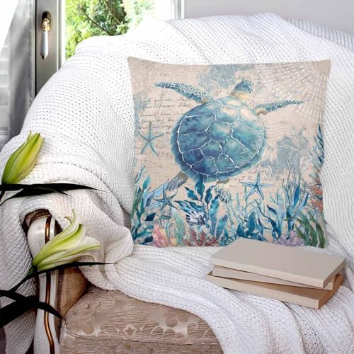 Pillow Covers 20x20 Set of 2, Teal Sea Turtle Square Throw Pillow