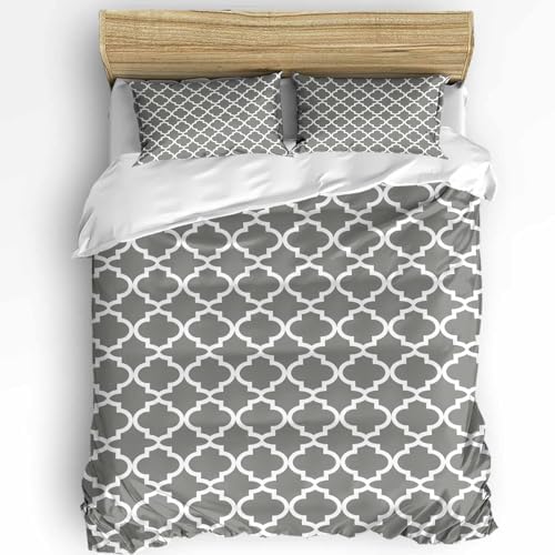 Duvet Cover Set Queen, Gray Modern Trellis 3 Piece Bedding Set
