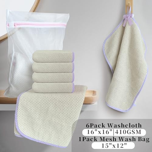 VOOVA & MOVAS Waffle Wash Cloths 6 Pack, 100% Cotton, 16x16 in, Beige