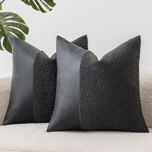 Set of 2 Fluffy Boucle Pillow Covers 18"x18", Charcoal Black Textured
