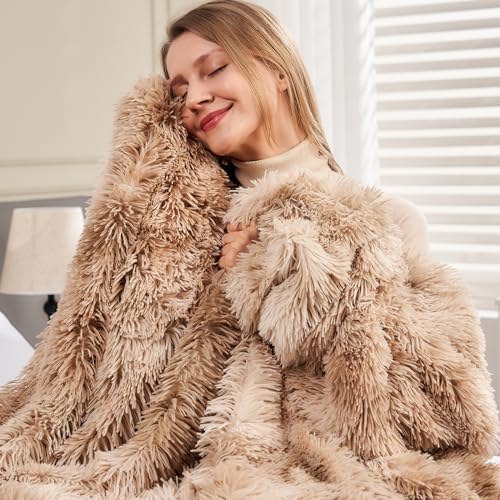 GONAAP Fuzzy Faux Fur Throw Blanket for Couch, Tie-dye Beige, 50"x60"