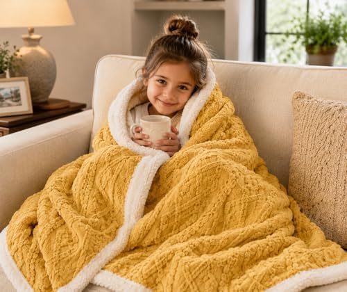 Stella & Sage Reversible Sherpa Throw Blanket, 60x80 inches, Mustard