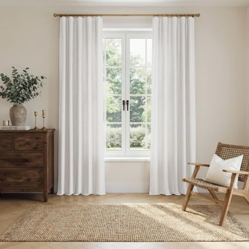 TWOPAGES Linen Room Darkening Rod Pocket Curtain, Beige White, 50Wx84L