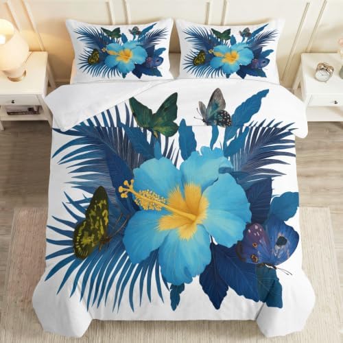 Queen Duvet Cover Set Jungle Animals and Floral Hibiscus Bedding Set