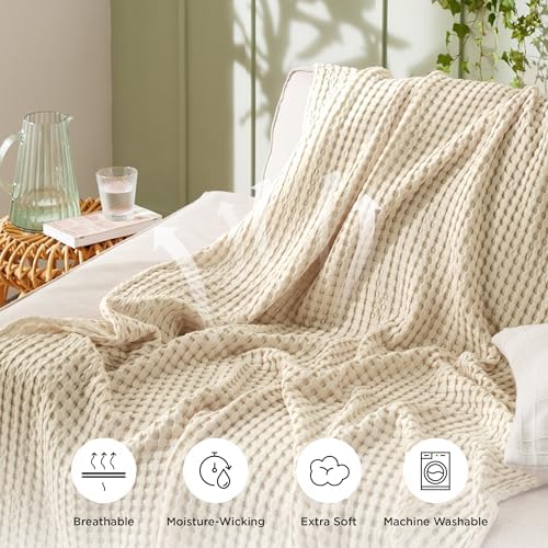 Bedsure Cooling Cotton Waffle Weave Blanket - Lightweight Breathable