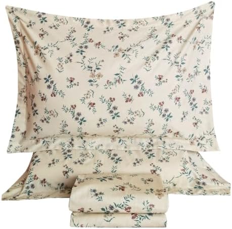 QSH 100% Cotton Sheets Set Twin Size,4PCs Floral Botanical Sprig Print