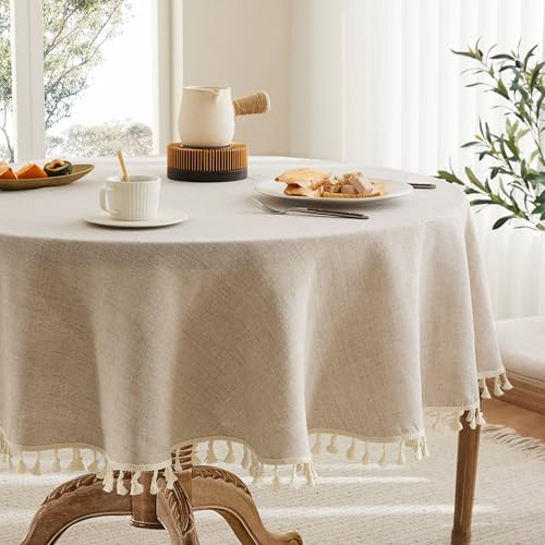 Tassel Linen Round Table Cloth, Natural 52 Inch