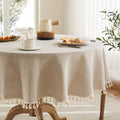 Tassel Linen Round Table Cloth, Natural 52 Inch