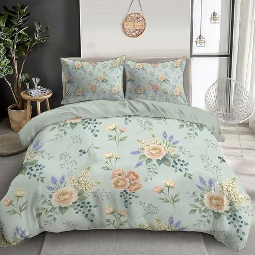 Oriental Style Natural Flowers Duvet Cover Queen Size, Vintage Plants