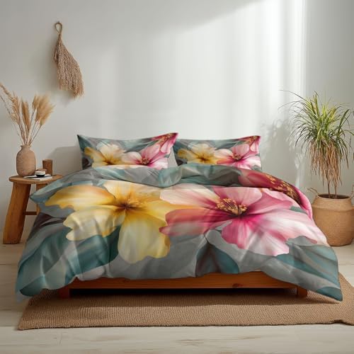 Duvet Cover Set Zipper Closure Gray Queen Quilt Cover Set Tropical