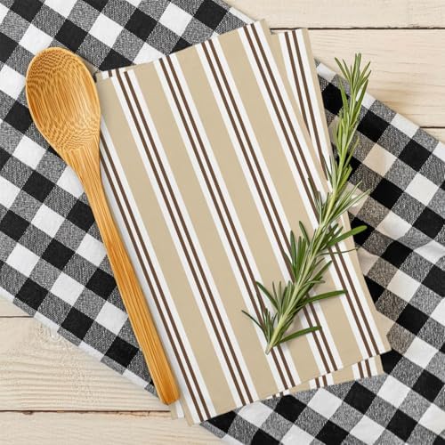 Sand Beige Stripes Kitchen Towels Set of 3, Brown White Khaki Lines