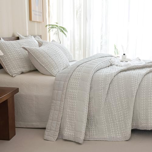 CozyTide King Size Quilt 110"x98",Khaki Cotton Waffle Weave