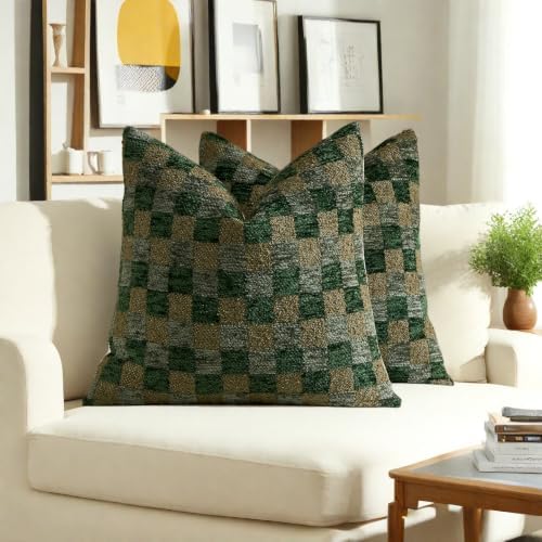 Set of 2 18x18 Inch Green Checkered Chenille Throw Pillow Covers, Boho