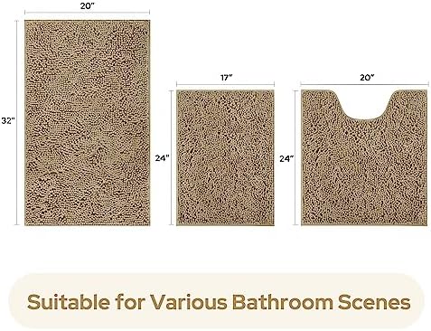 HOMEIDEAS Bathroom Rugs Set of 3, Super Soft Absorbent Chenille Bath