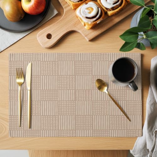 Minimalist Gingham Placemats Set of 8, Rustic Woven Grid Lines Beige