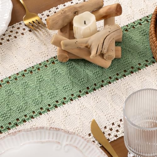 DeZerlor Ivory&Sage Green Boho Macrame Farmhouse Woven Table Runner