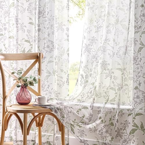 Gray Floral Sheer Curtains 63 Inch Length 2 Panels for Bedroom Rustic