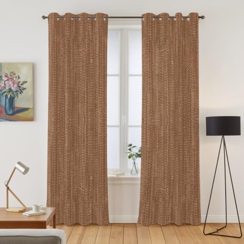 Brown Linen Texture Window Curtains 96 Inch Length 2 Panels Set