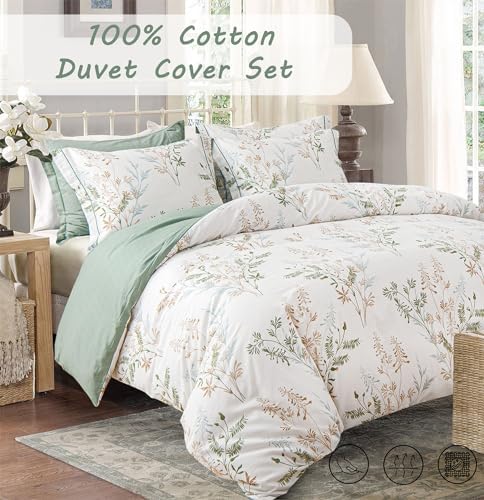ALEISSEL Sage Green Modern Botanical Cotton Duvet Cover Set Queen Size
