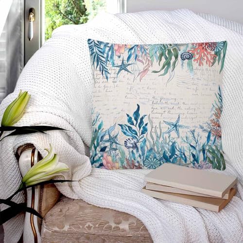 Coastal Green Seaweed Pillow Covers 20x20 Set of 2, Summer Beach Coral