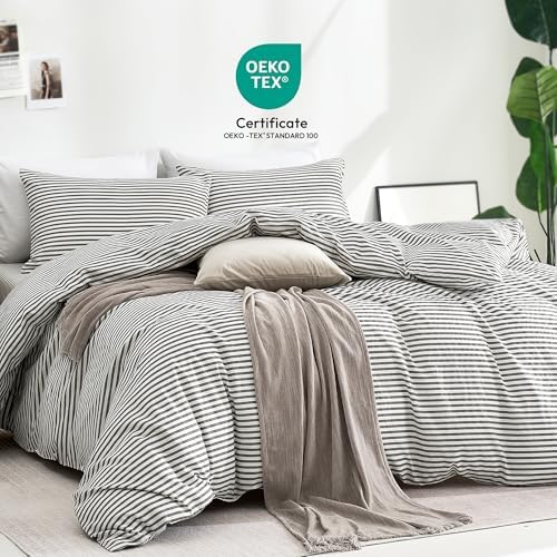 JELLYMONI 100% Cotton Classic Striped TwinXL Duvet Cover Set, Grey