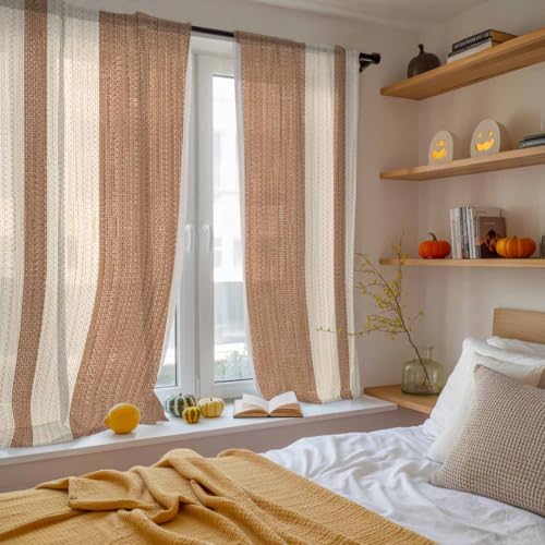 Brown Stripes Sheer Curtains 72 Inches Long, Geometric Modern Vintage