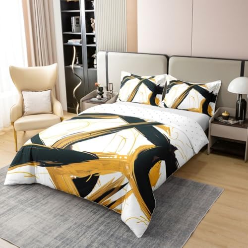 Feelyou Black Beige Gold Duvet Cover 100% Cotton Twin Size Abstract