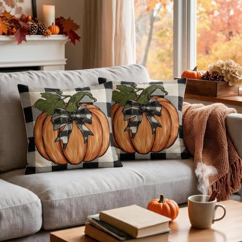 Fall Pillow Covers 22x22 Inch Set of 2, Burnt Orange Pumpkin Buffalo