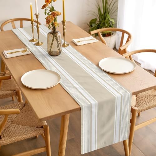 Beige Striped Table Runner 13 x 120 Inch, Modern Farmhouse Stripe